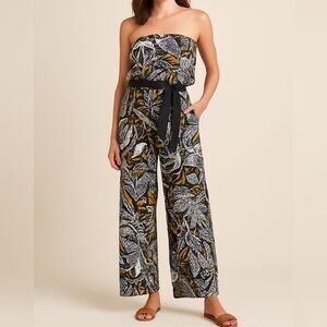 Jumpsuit L Strapless Black Yellow White Large Print Floral Tie Elastic Wide Leg